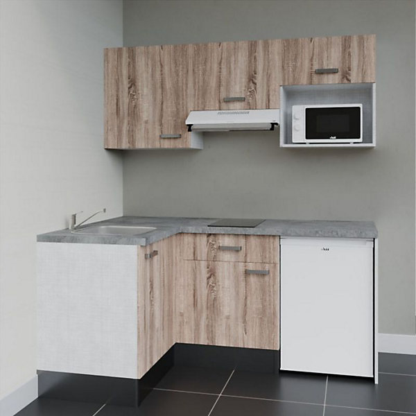 Kitchenette KA03 façades Bois - Plan de travail Gris béton - Crédences : Non - Evier inox - Electroménager Blanc inclus