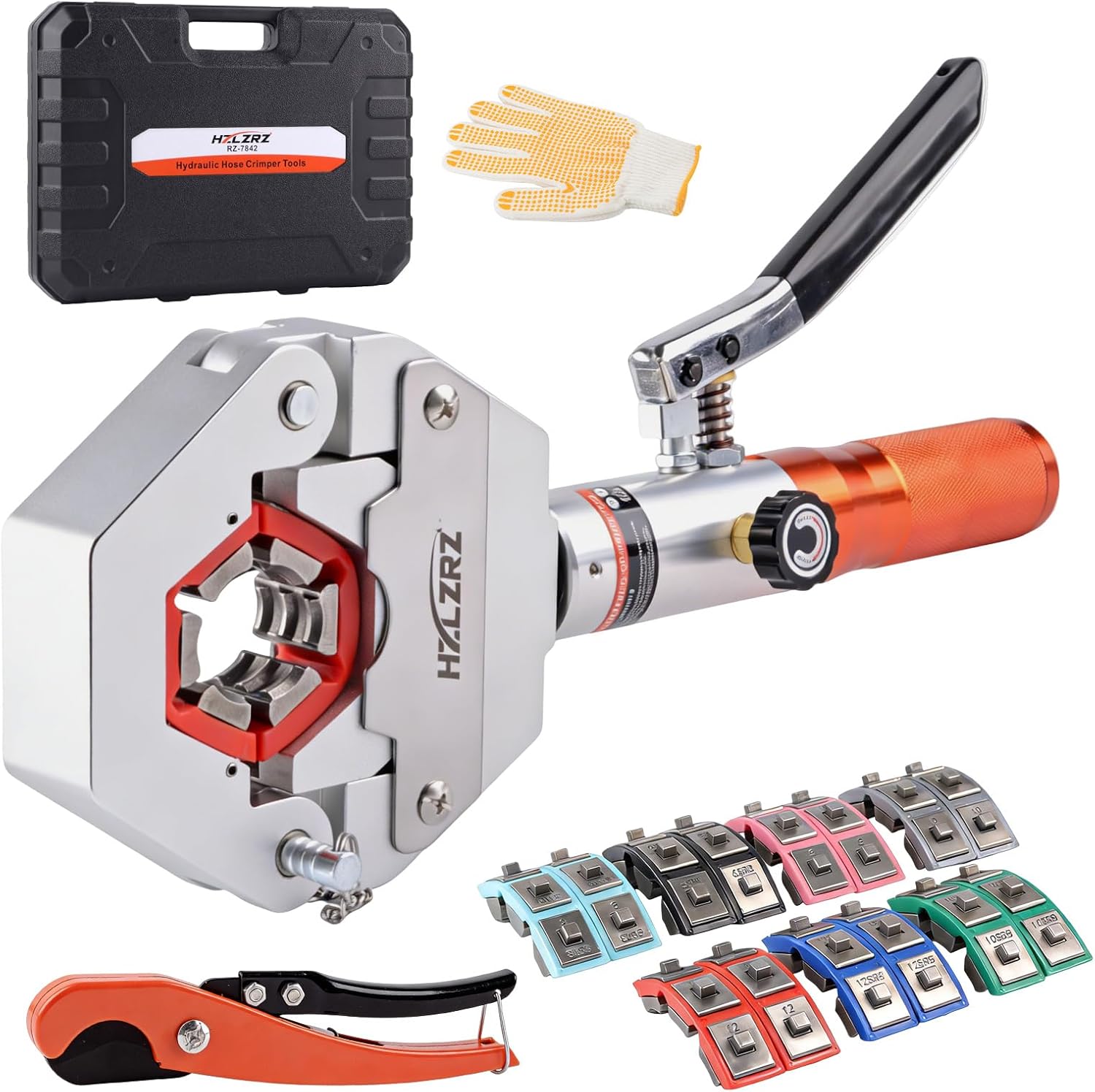 HZLZRZ Hydraulic AC Hose Crimper Kit - Manual A/C Hose Crimping Tool for BH Air Conditioner Hose & Beadlock Fittings, Includes 7 Dies for AC Repairs and Automotive HVAC (RZ-7842)