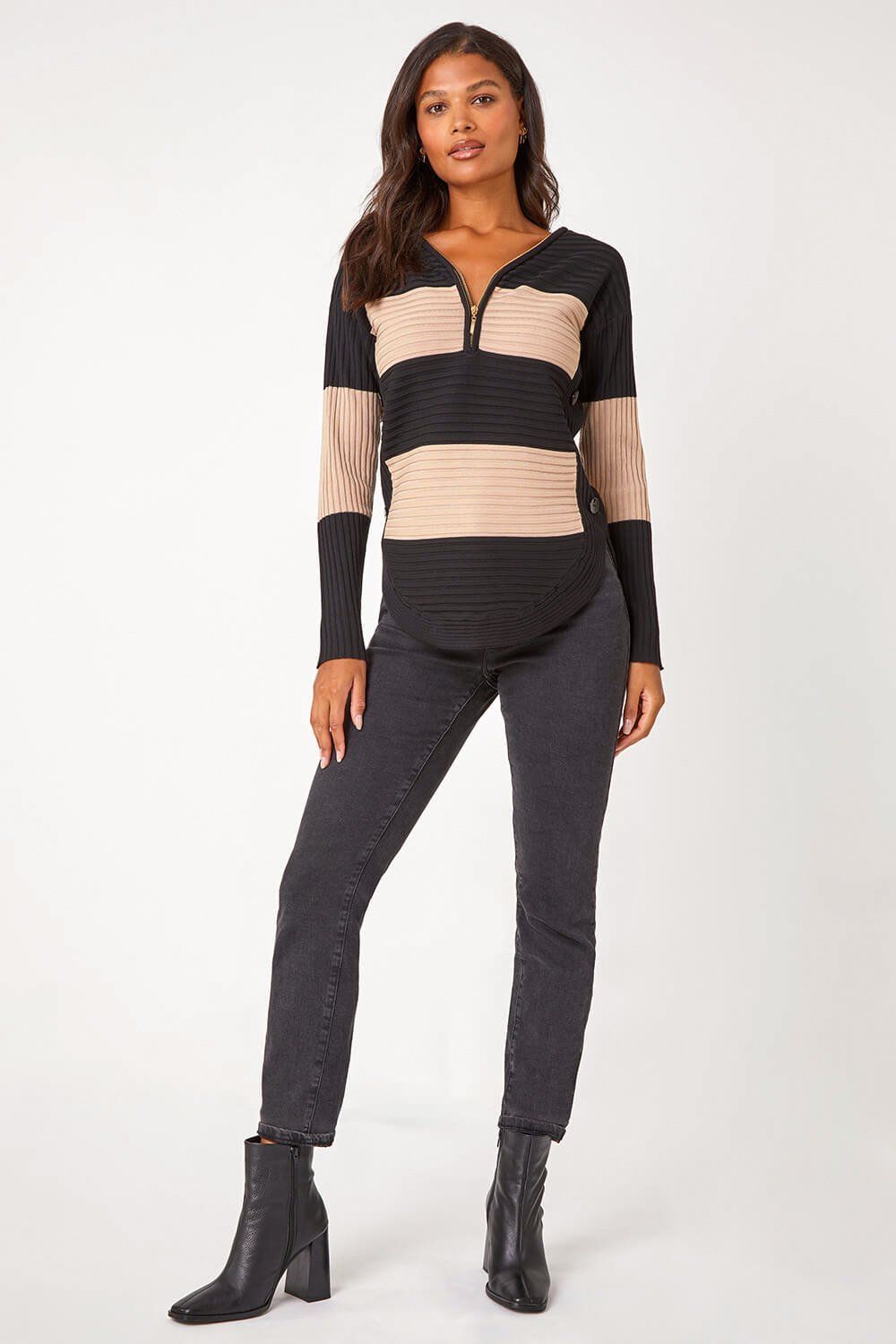 Roman Cotton Blend Stripe Zip Knit Jumper