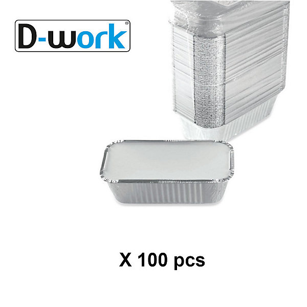 100 Barquettes Moules Operculables en Aluminium 1000 ml 222 x 122 x 54 mm avec Couvercle en Carton Blanc Alu - D-Work