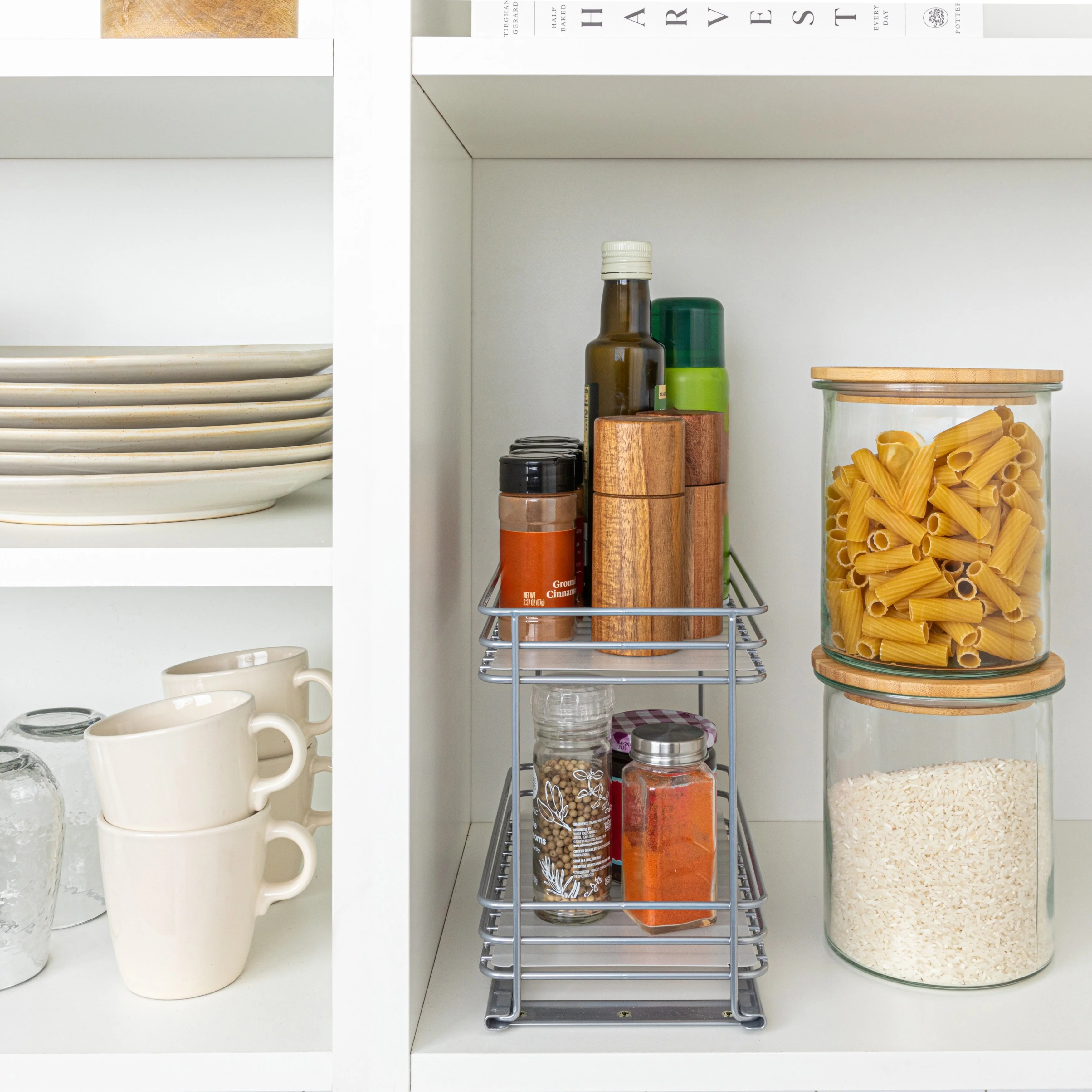 Household Essentials 2-Tier Brushed Nickel Spice Rack Organizer, Sliding Pantry Organizer