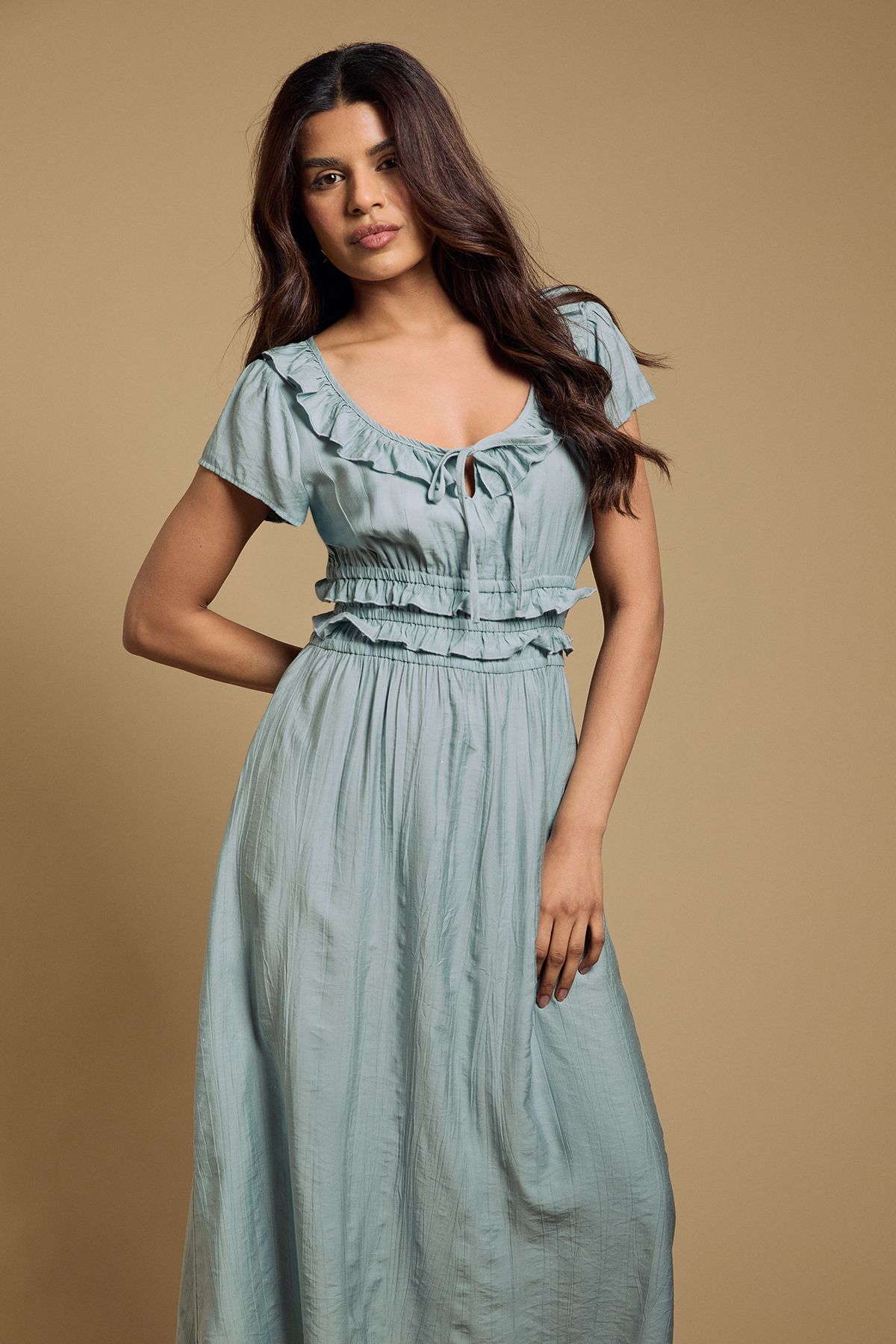 Dorothy Perkins Petite Frill Scoop Neck Shirred Waist Midi Dress