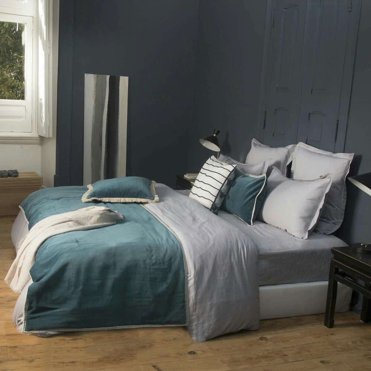 ERIN - Edredon velours de coton  85x200 bleu peacock