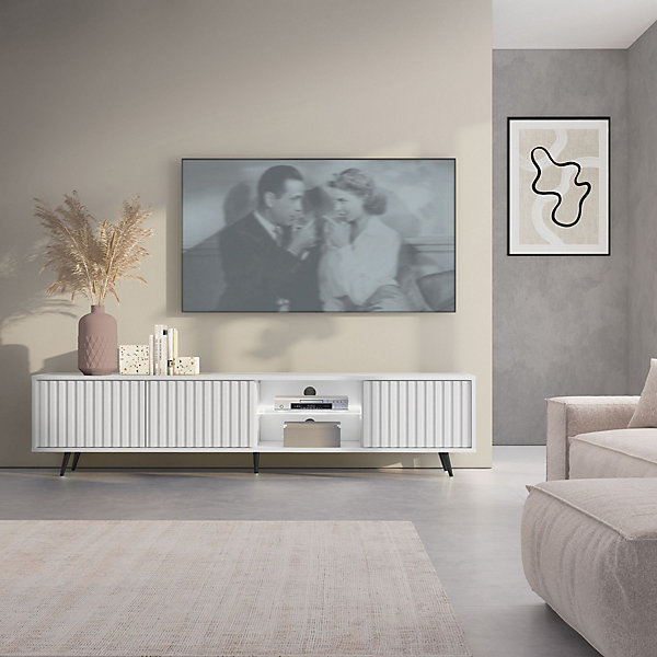 Meuble TV 3 portes blanc mat LED 175 cm pieds noirs BELLO