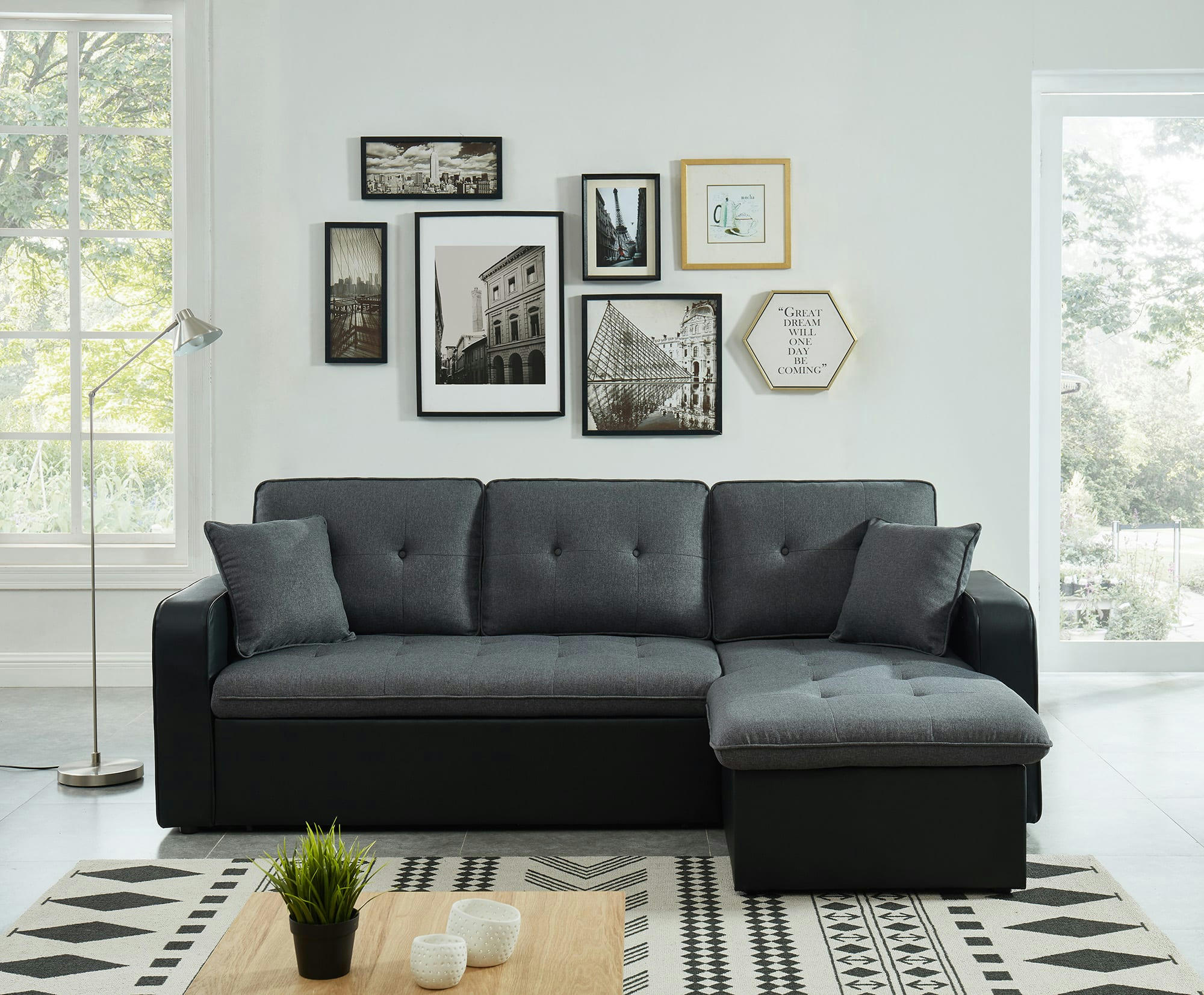 CANVAS - Canapé d'angle convertible en tissu et pu 4 places gris et noir