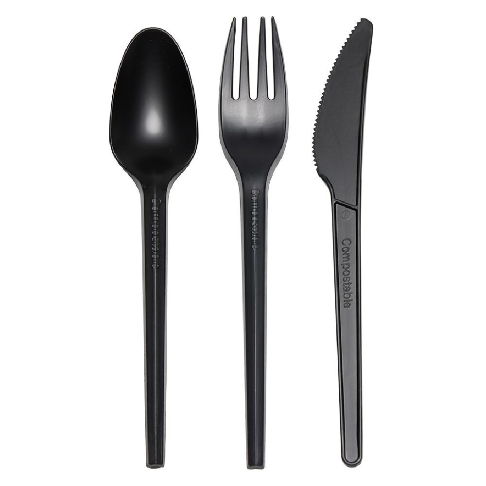 Ménagère réutilisable noir 18 couverts à base d'amidon de maïs