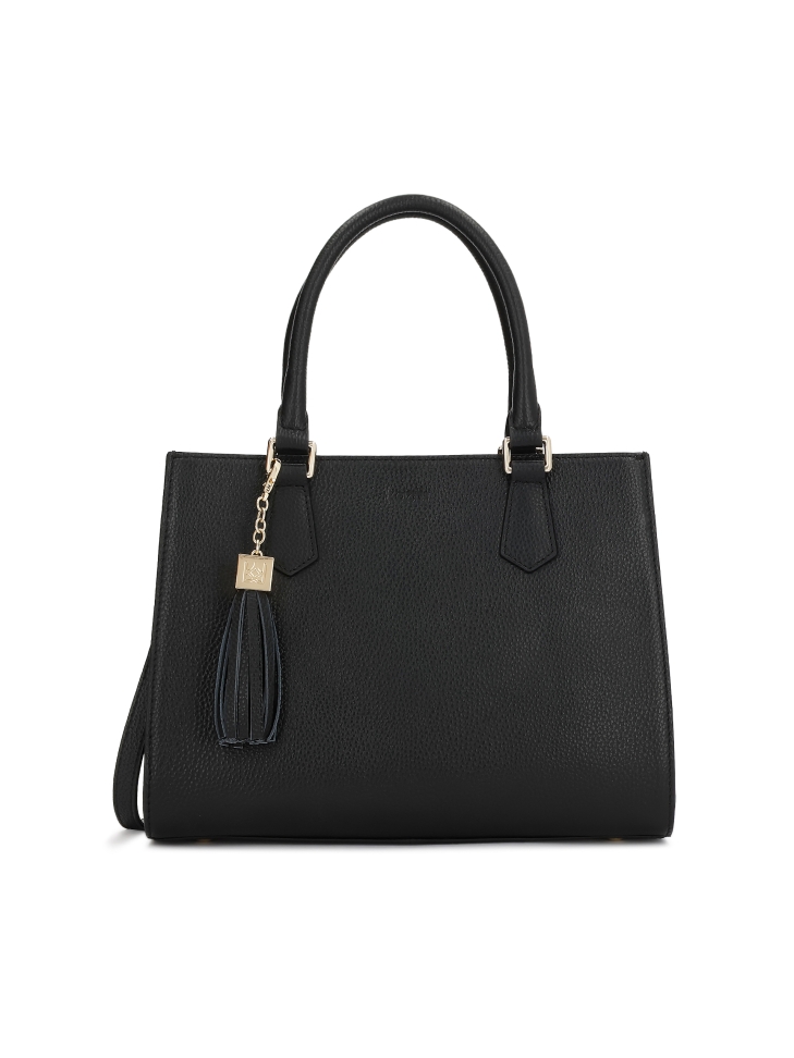 Black leather handbag with metal legs