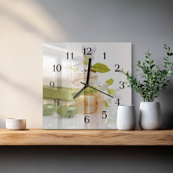 Szklany zegar 30x30 Mydło Spa zegar ścienny