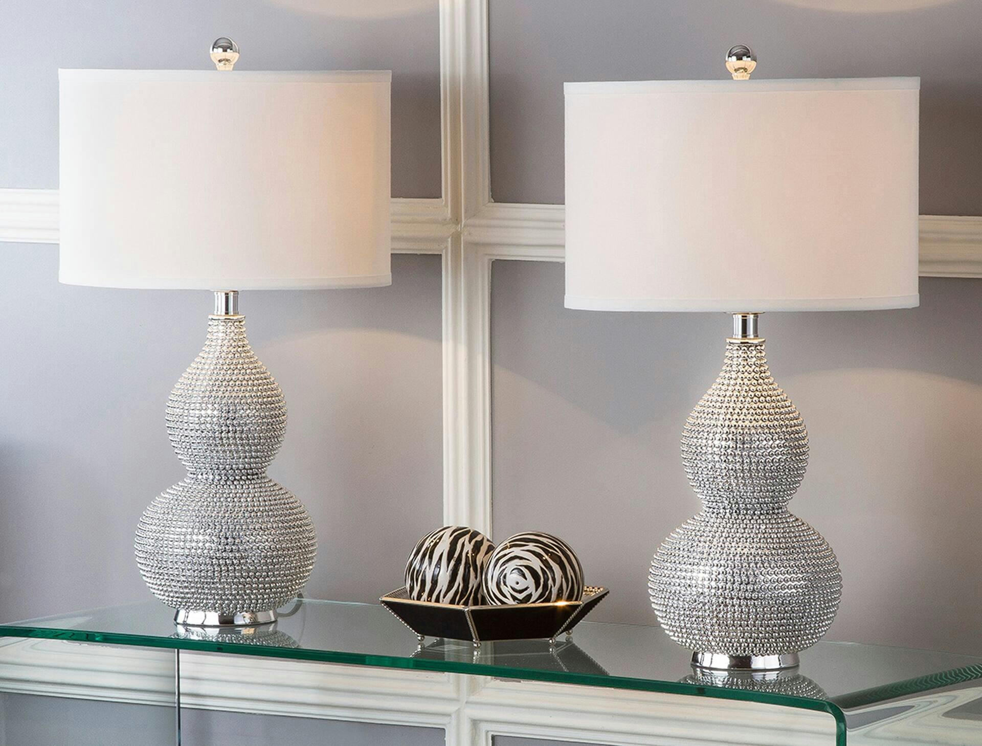 Safavieh Nicole Drum Shade Bead Base Table Lamp Set, 24-in, Silver, 2-pk