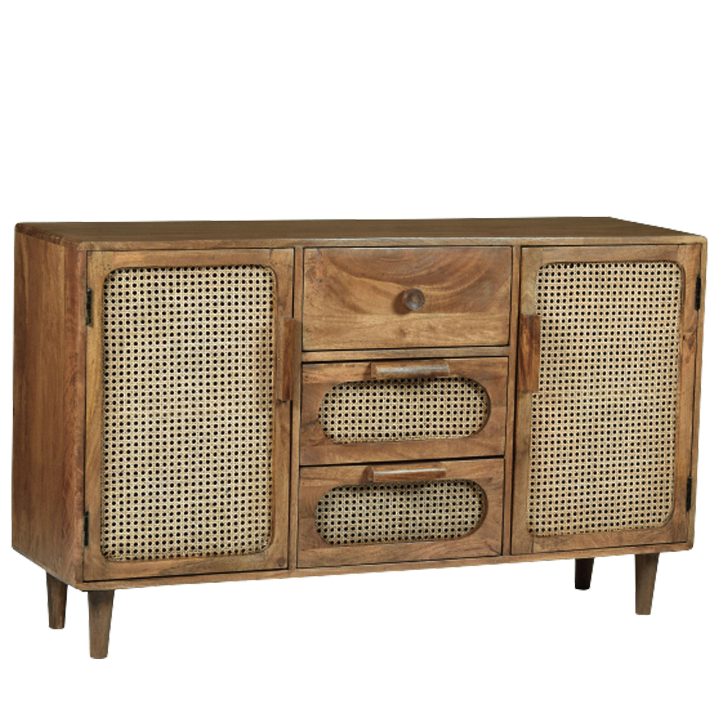 BAHIA - BAHIA-Buffet vintage 2 portes 3 tiroirs, Manguier massi et rotin