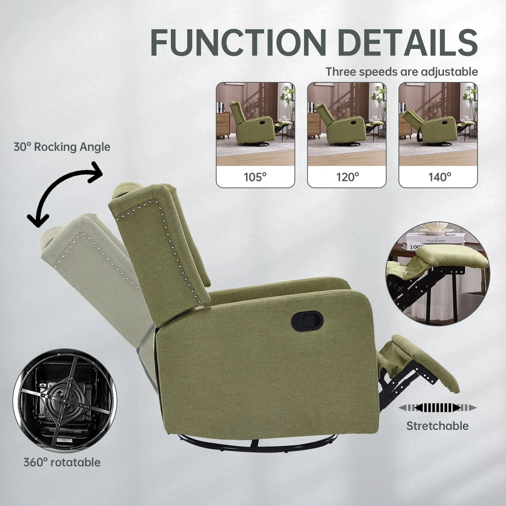 Olive Green Linen 360° Swivel Glider Rocker Manual Recliner with Button-tufted Backrest and Footrest for Living Room, Bedroom