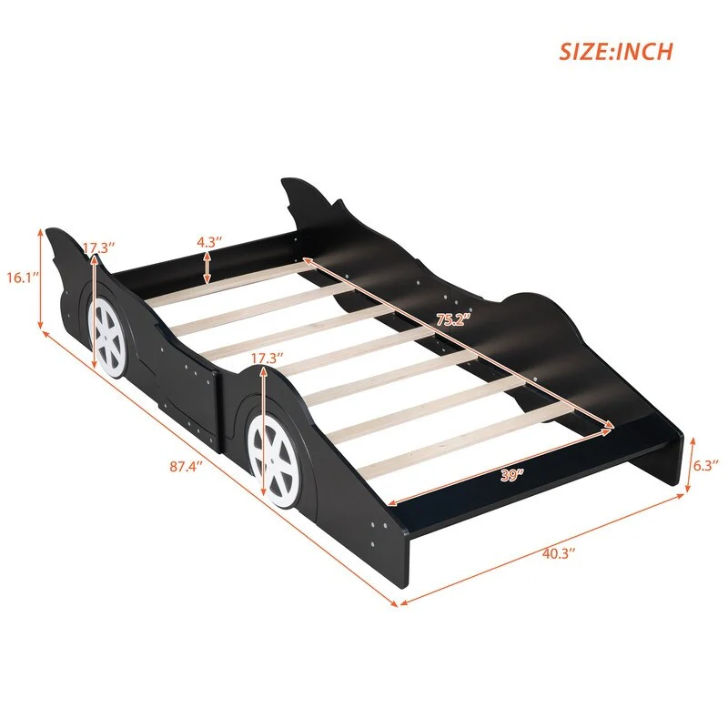 Twin Size Race Car-Shaped Platform Bed with Wheels, Black, Plywood, Bed Frame