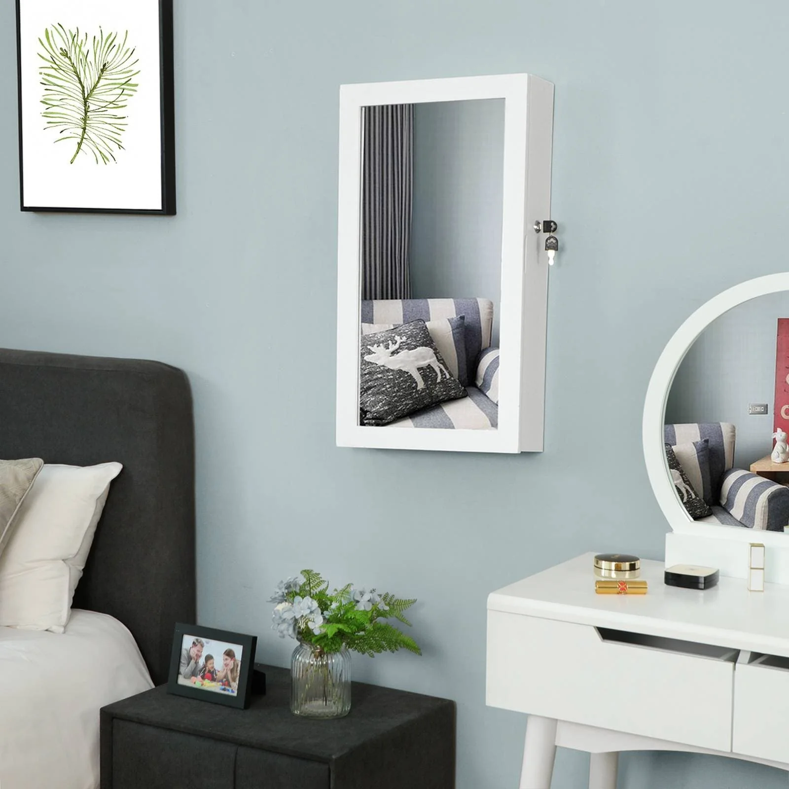 White Lockable Wall Jewelry Cabinet with Mirror Velvet Lined Compartments Ring and Necklace Storage