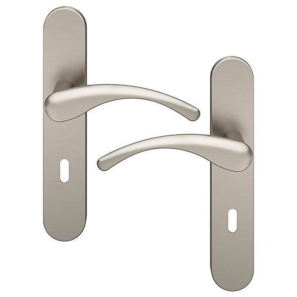 Ensemble poignée sur plaque rond serrure GoodHome Ruis effet nickel satin gris L.138.5mm x l.42mm entraxe 165-195mm
