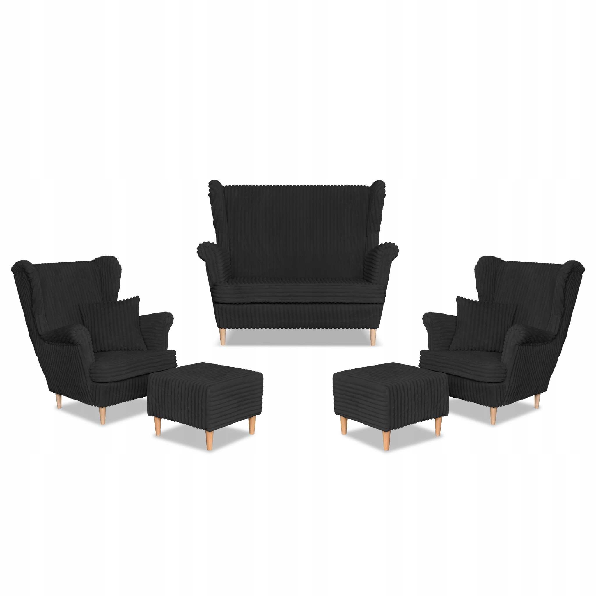 Zestaw uszak Rene Estella sofa fotele pufy Family Meble czarny sztruks