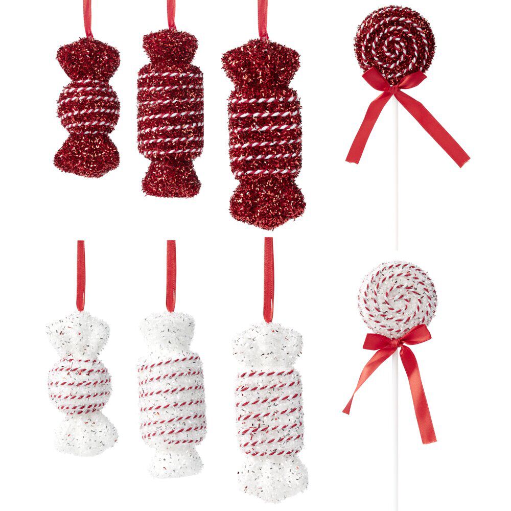 Kit décoration sapin de No&euml;l forme bonbon rouge et blanc pailleté 8 pièces