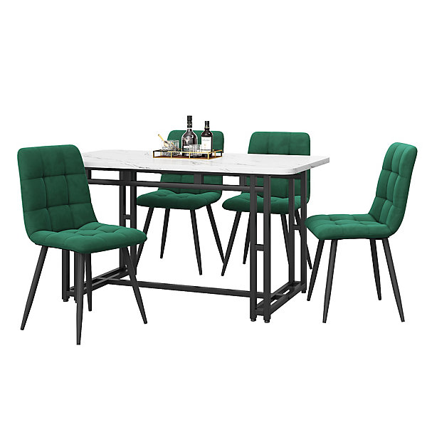 Ensemble table et chaises 120x70x75 cm avec 4 chaises en velours vert foncé et structure métal noir