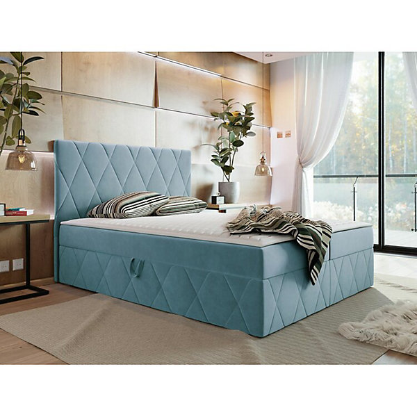 Lit continental Comfivo 225, Double, Bleu, Tissu, Disponible