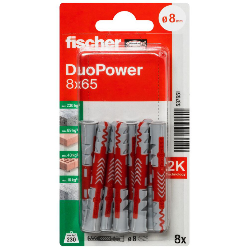Cheville DuoPower en nylon avec collerette Ø 8 x 65 mm 8 pièces