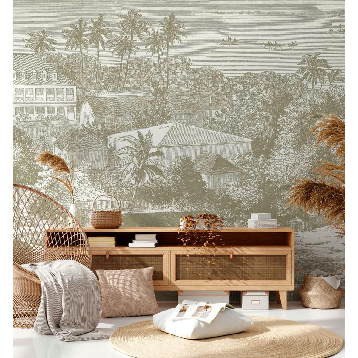 MAIMITI - Papier peint panoramique motif imprimé Vert tilleul 336x270cm