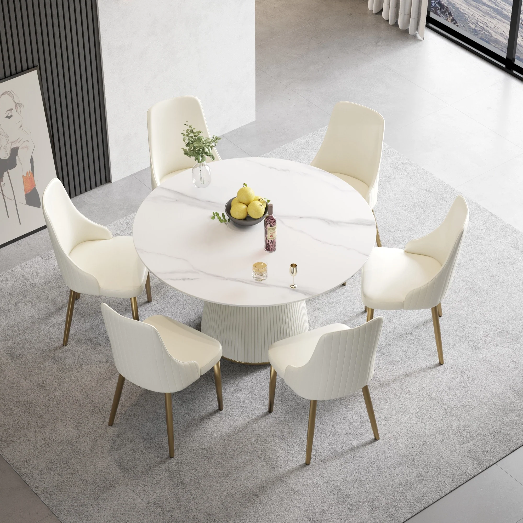 53'' Round Dining Table for 6, Modern White Sintered Stone Tabletop with Lazy Susan - N/A