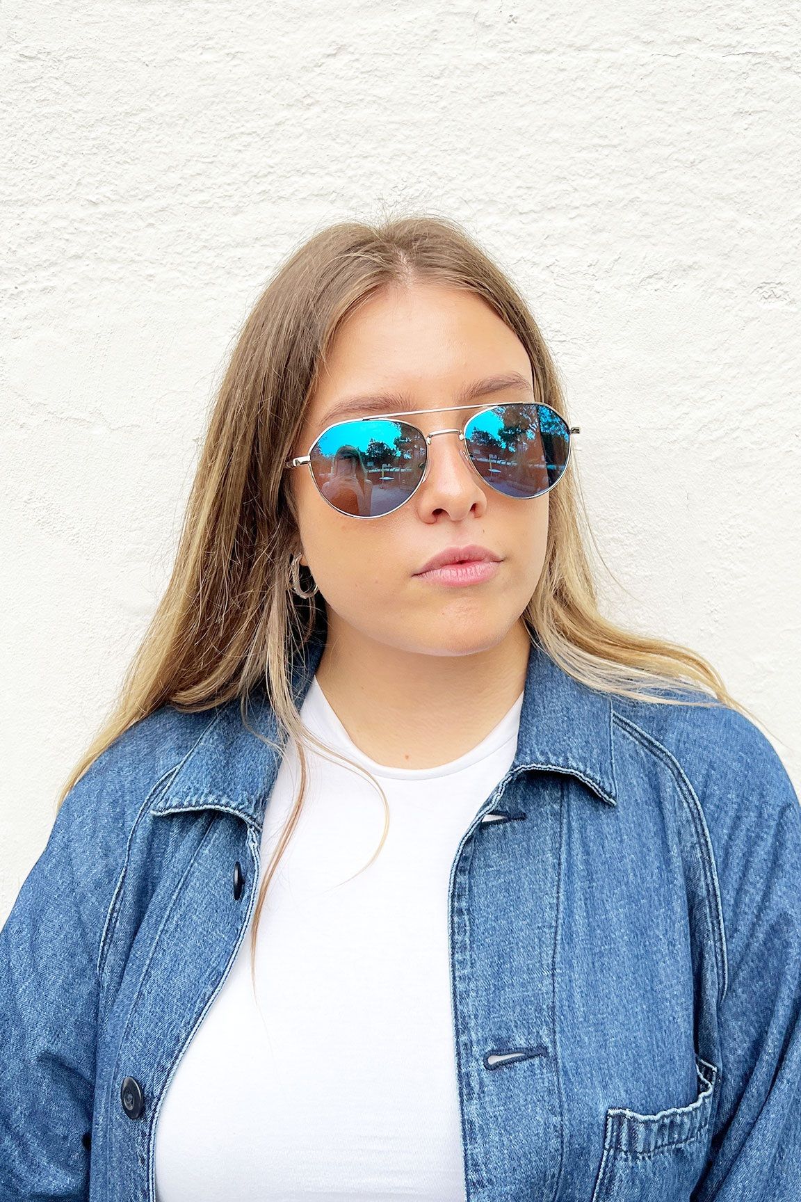 SVNX Silver Aviator Sunglasses With Blue Mirrored Lenses