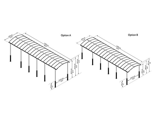 Carport Arcadia Alpine 127 gris anthracite toit arrondi 12,9 x 3,59 m