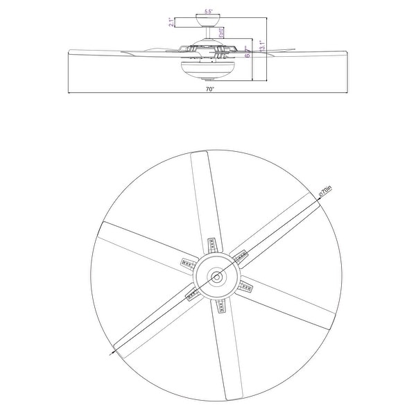 70" Brushed Nickel Metal 6-Blade 3-Light Ceiling Fan with Remote - 70"*70"*17.56"(10" downrod)