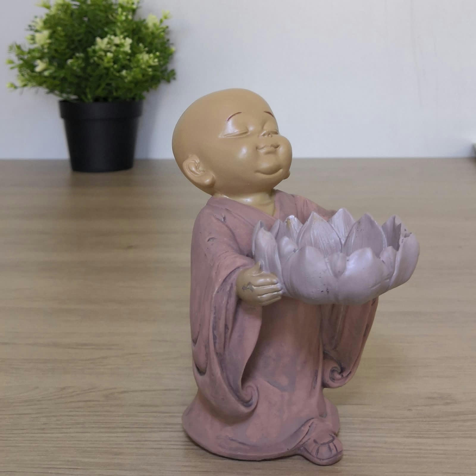 BOUDDHA - Statue déco zen Bougeoir Vide Poche en résine rose et beige - H13 cm