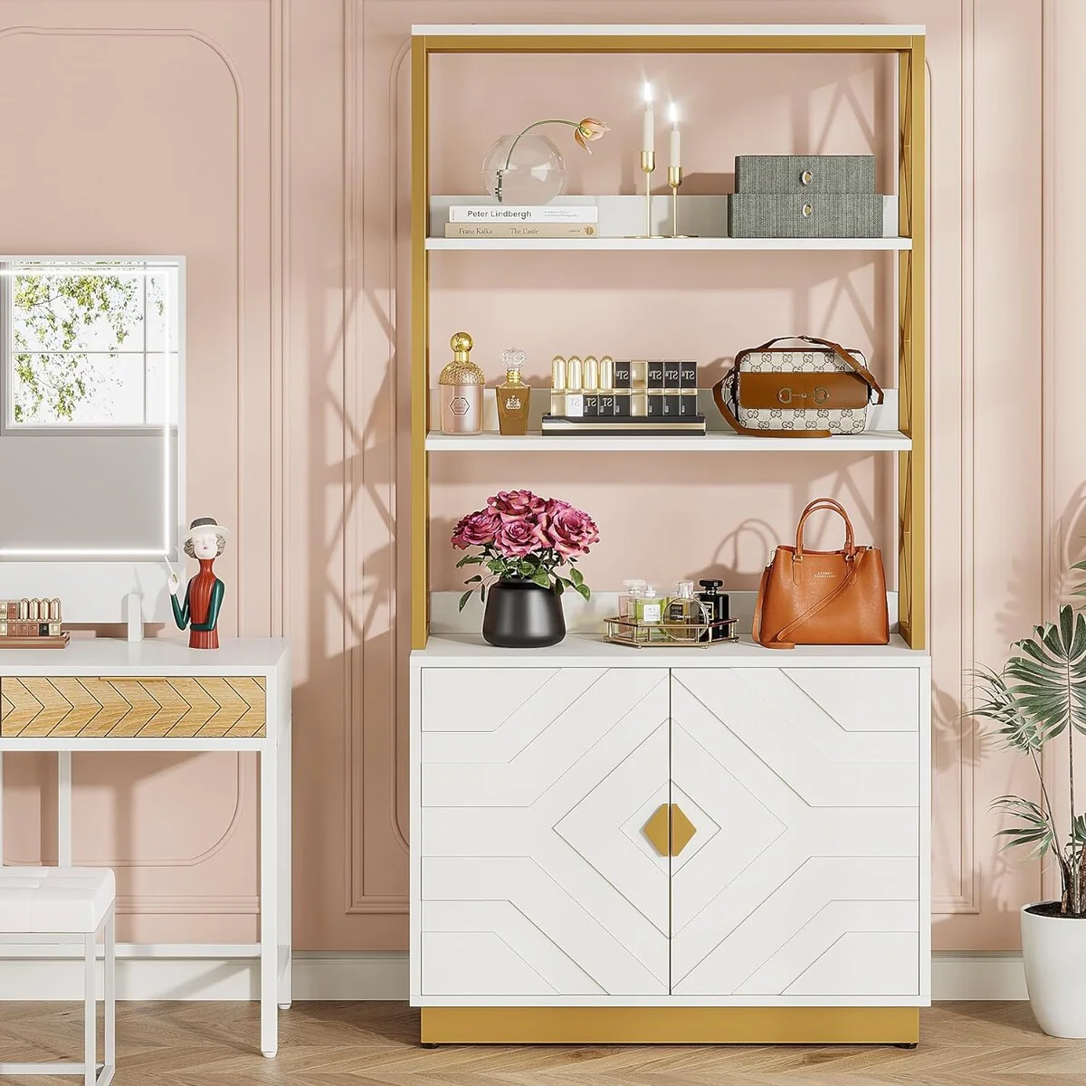 70.9 Inches Tall Etagere Bookcase with 3 Shelves 2 Cabinets