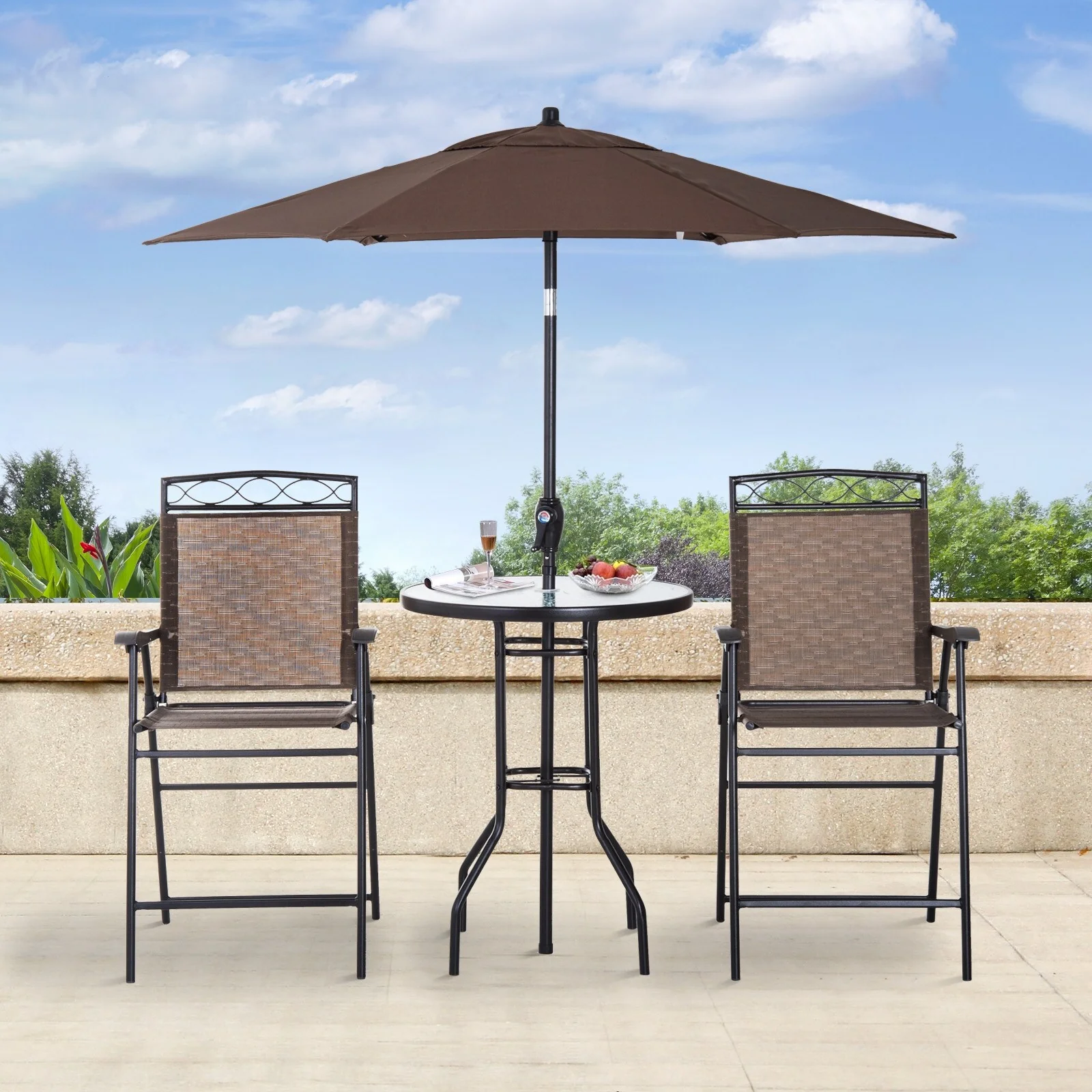 Outsunny 4 Piece Folding Outdoor Patio Pub Dining Table And Chairs Set With 6' Adjustable Tilt Umbrella