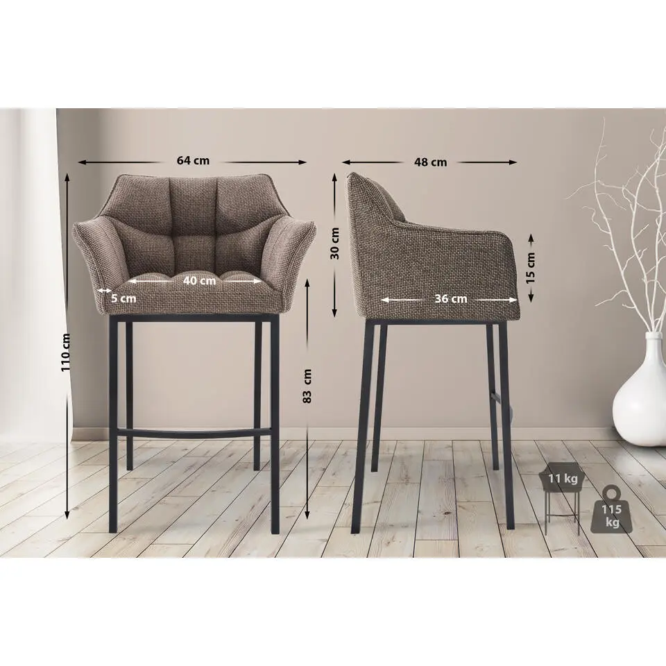 CLP Barkruk Damaso zwart Frame - Stof - terrabruin