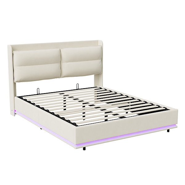 Lit rembourré 160x200cm avec chargement sans fil (USB &Type-c), lit double avec LED, velours, beige