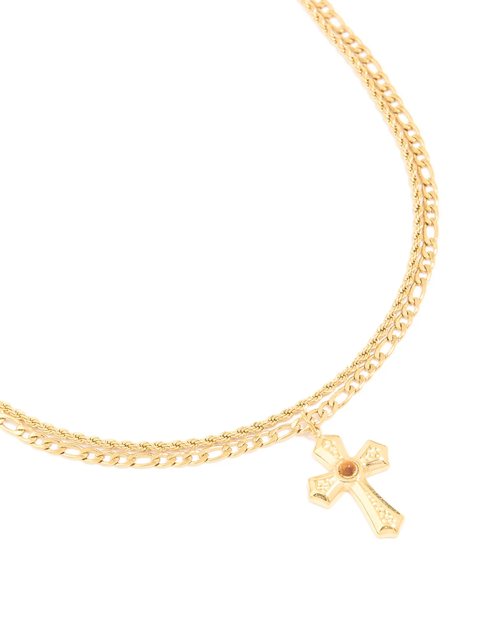 Waterproof Gold Plated Stainless Steel Tigers Eye Semi Precious Stone Cross Chain Layered Necklace