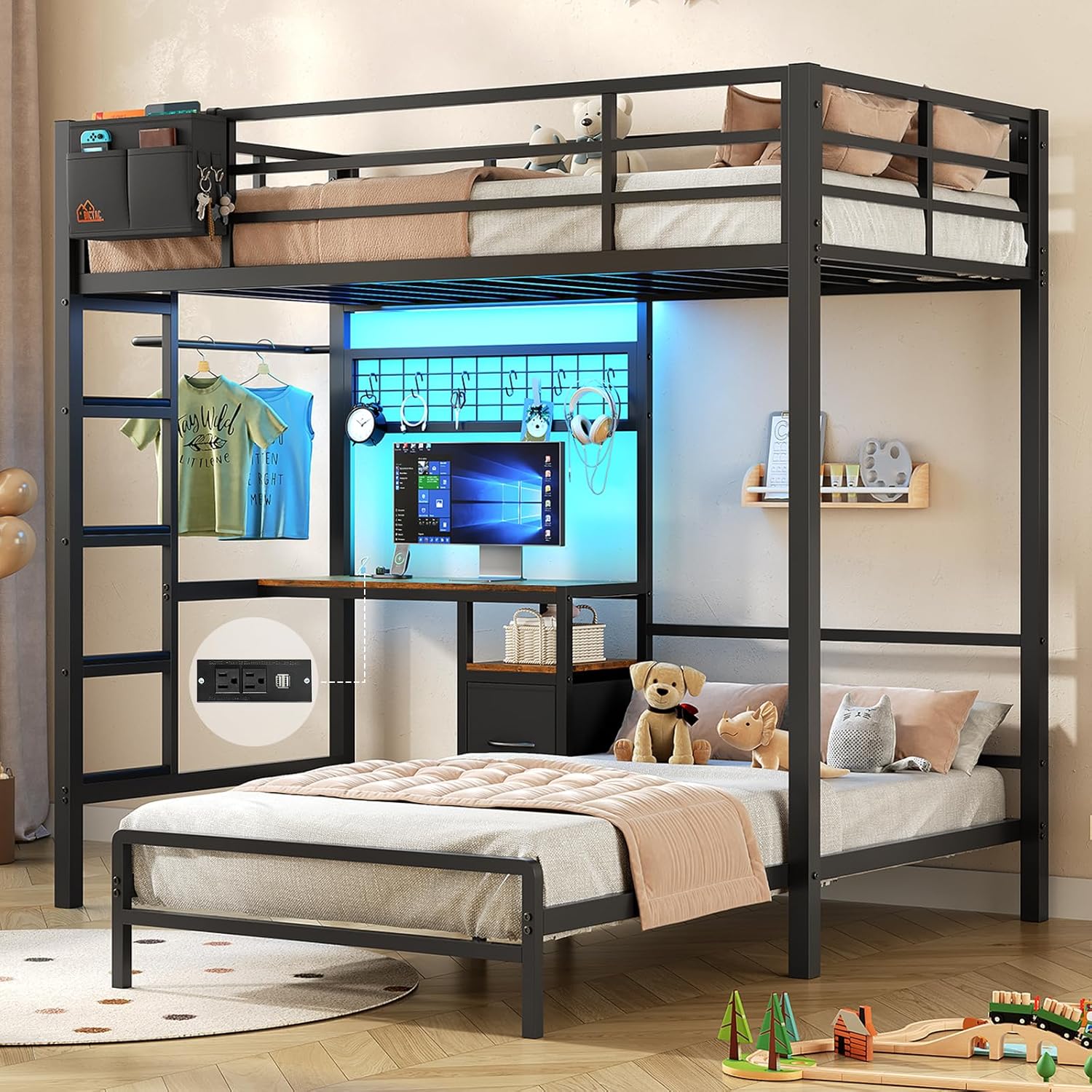 DICTAC Bunk Bed with Desk,Led Lights and Charging Station Twin Over Twin Bunk Beds with Storage Drawers and Shelves,Metal L-Shaped Kids bunk Bed with Safety Guardrail&Ladder,No Box Spring Needed,Black