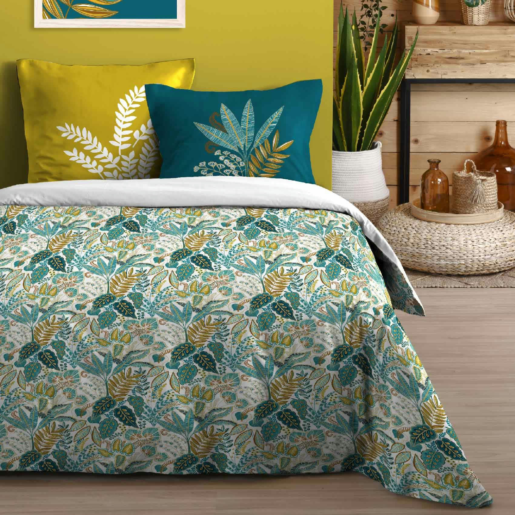 - Parure de lit ambiance nature colorée coton bleu canard 240x220 cm
