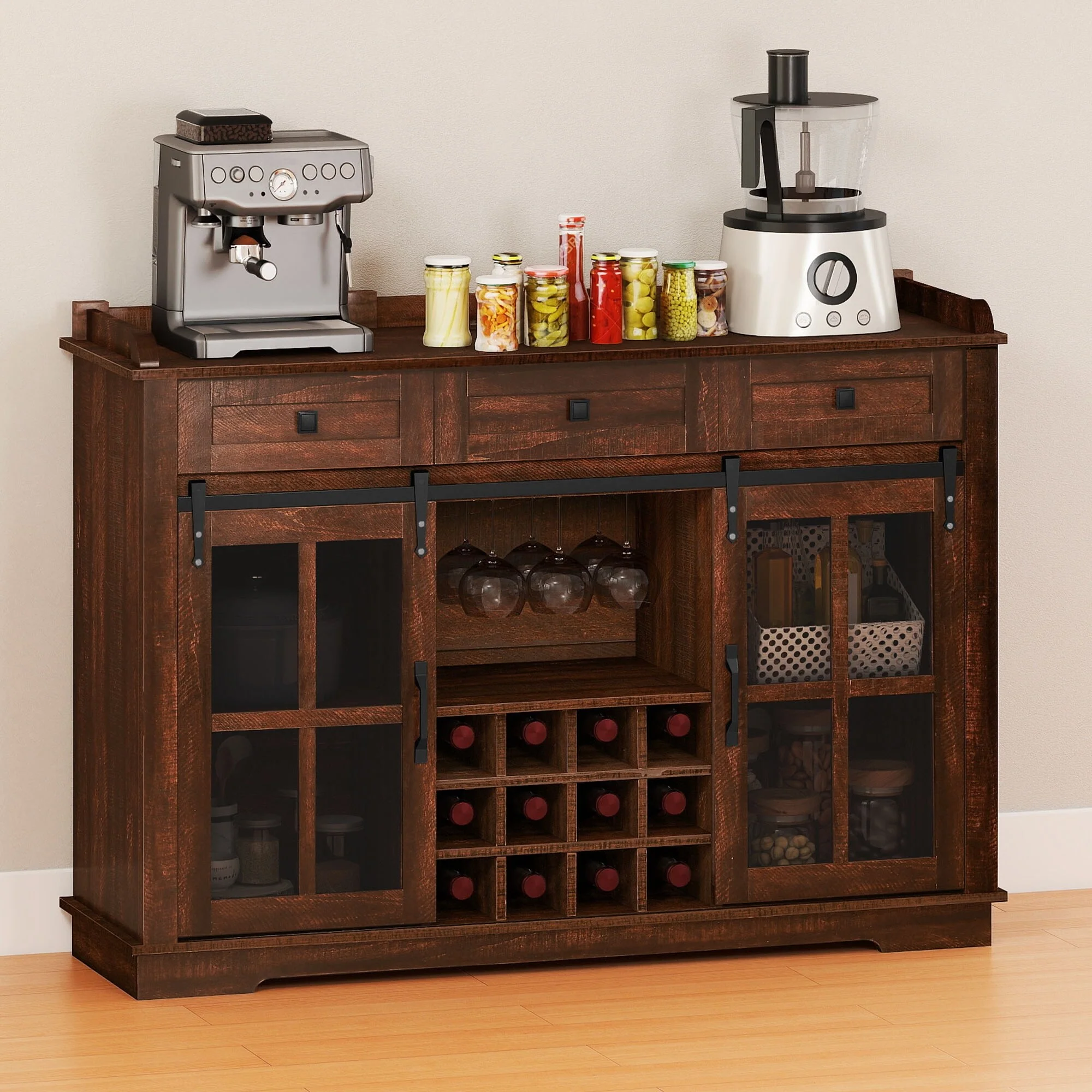 53 Barn Door Buffet Coffee Bar Cabinet with Wine Rack, Kitchen Sideboard Storage Cabinet