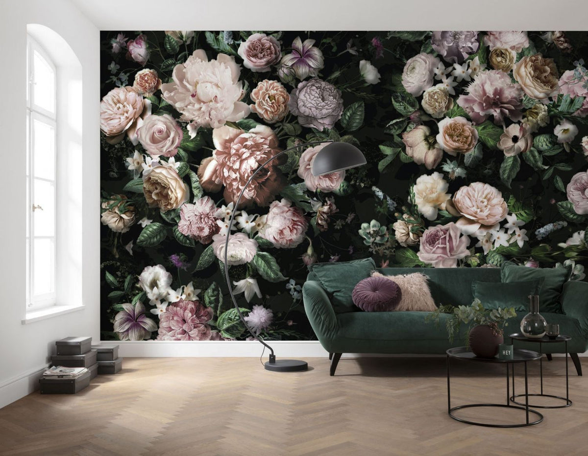 Sanders & Sanders fotobehang bloemen multicolor op zwart - 800 x 250 cm - 611946