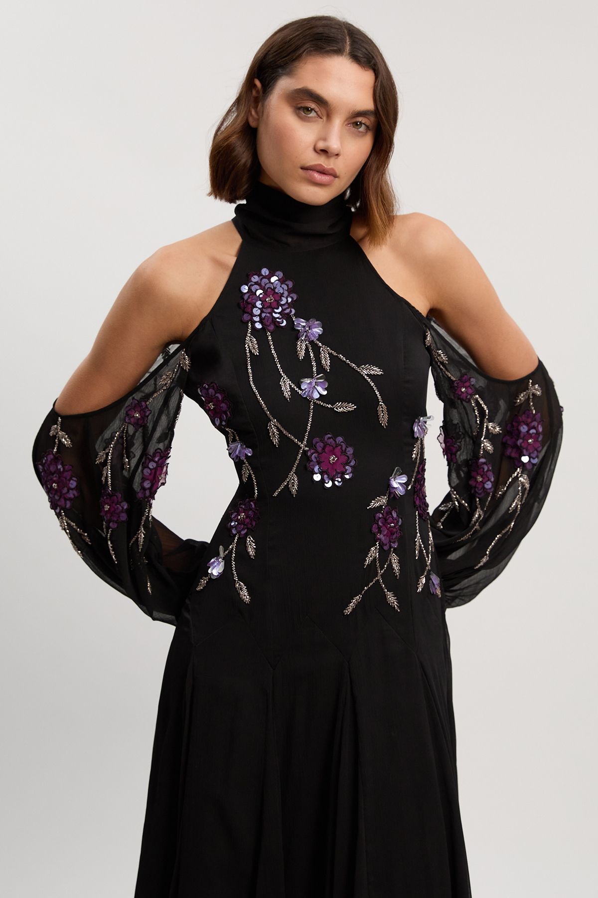 KarenMillen Cold Shoulder 3D Floral Applique Woven Maxi Dress