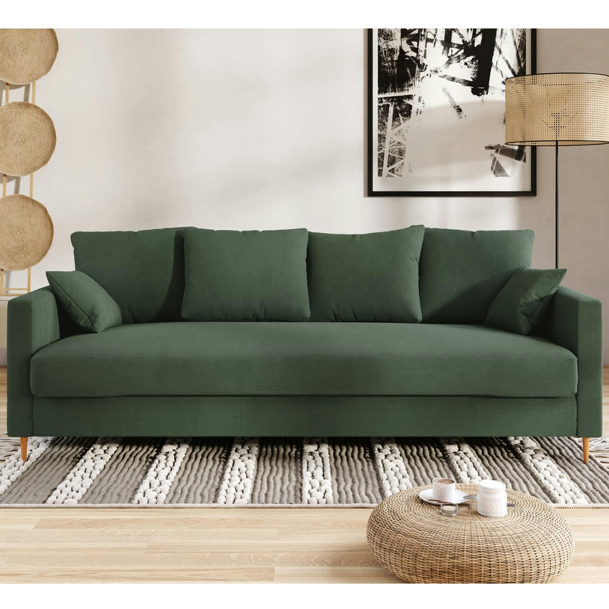 CARLA - Canapé convertible 4 places en velours côtelé vert, MADE IN FRANCE