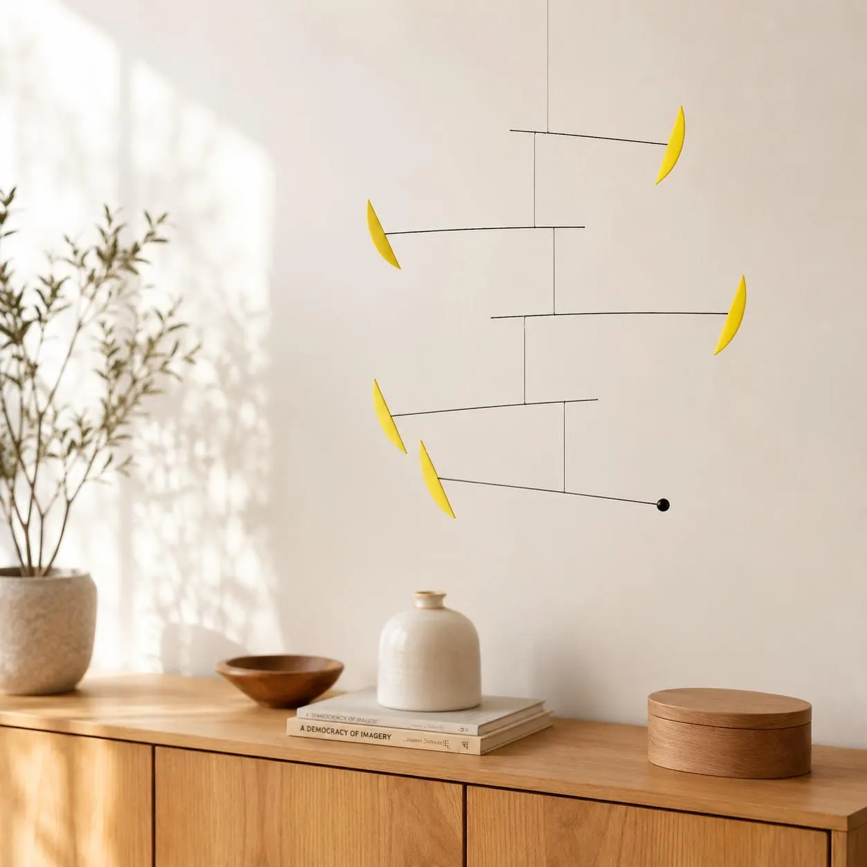 Mid-Century Modern Kinetic Mobile, Natural Wood Leaf Sculpture, Red Scandinavian Art
