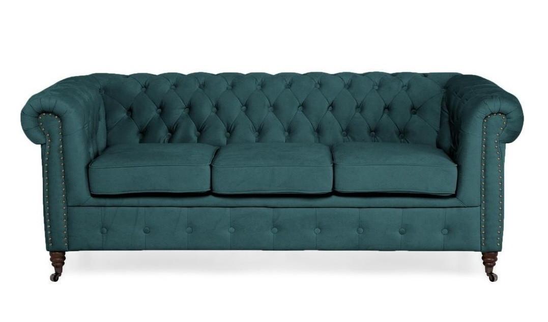 Ropez Chesterfield Oxford sofa 3os. pikowana welur turkusowy