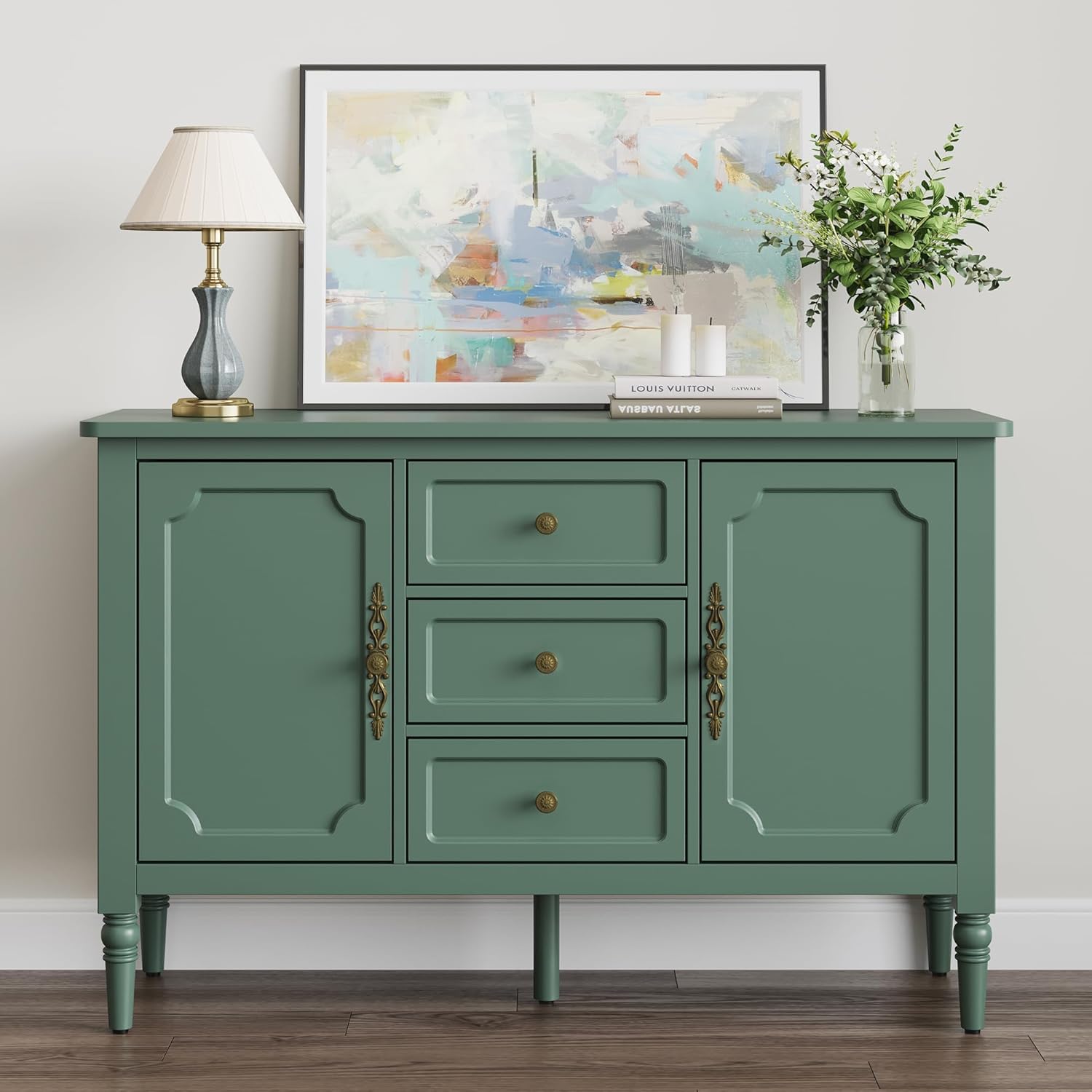 RoyalCraft Buffet Cabinet with Storage, Vintage Sideboard with 2 Doors & 3 Drawers, Coffee Bar Table with Solid Wood Legs, Mid Century Modern Painted Credenza for Kitchen, Dining Room, Green