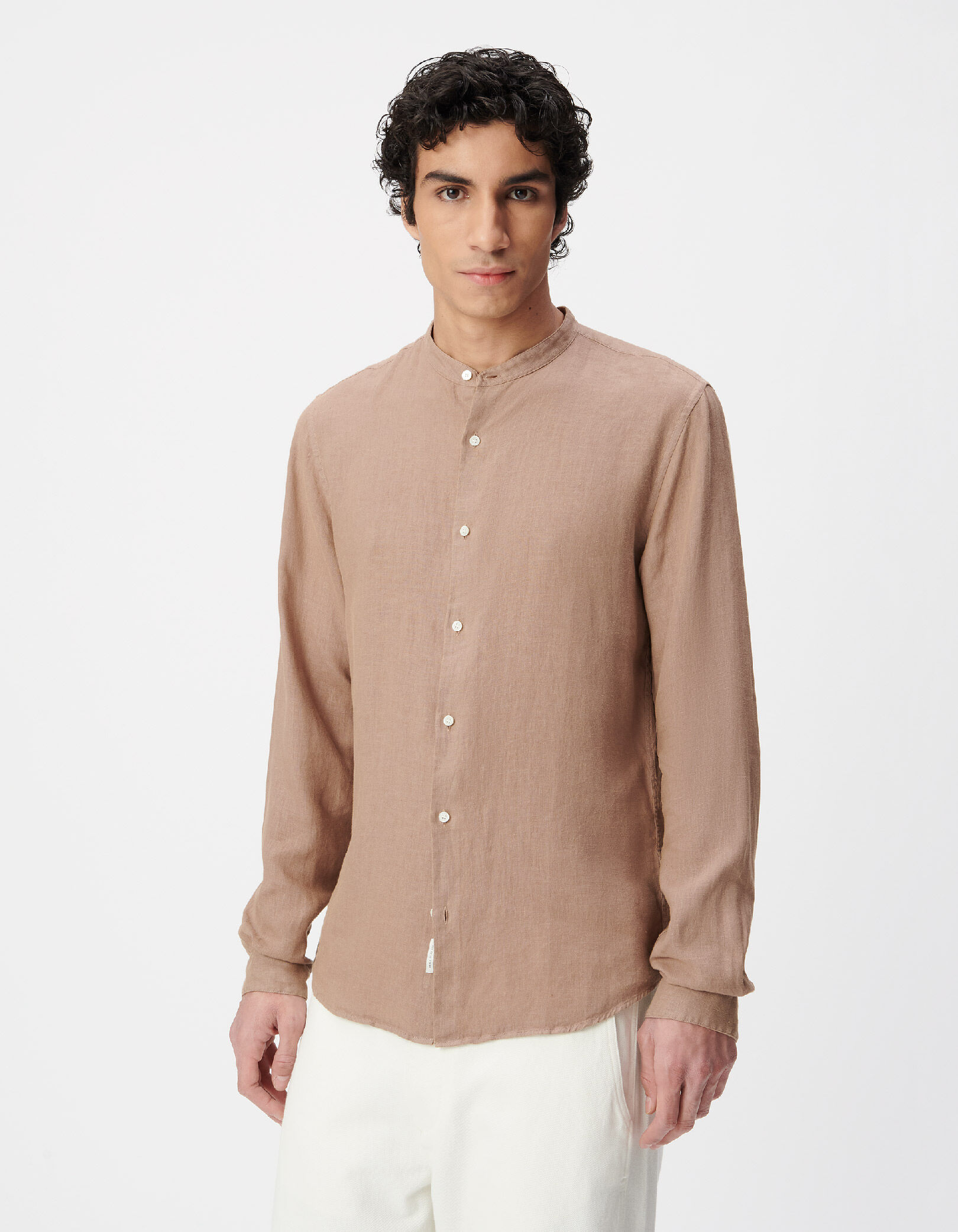 Chemise regular taupe 100% lin col Mao Homme