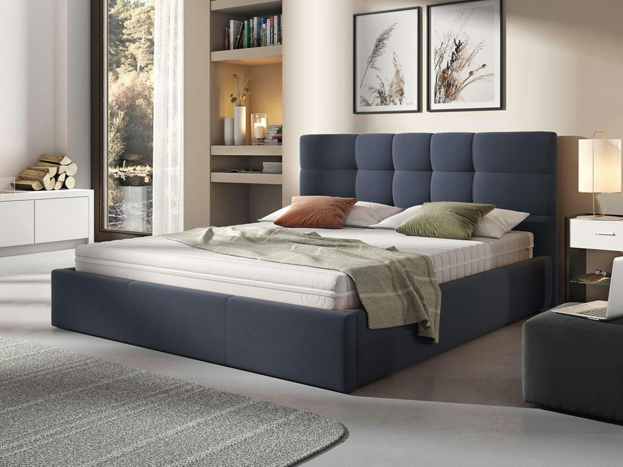 MAEL - Lit coffre en Tissu 160x200 bleu ardoise