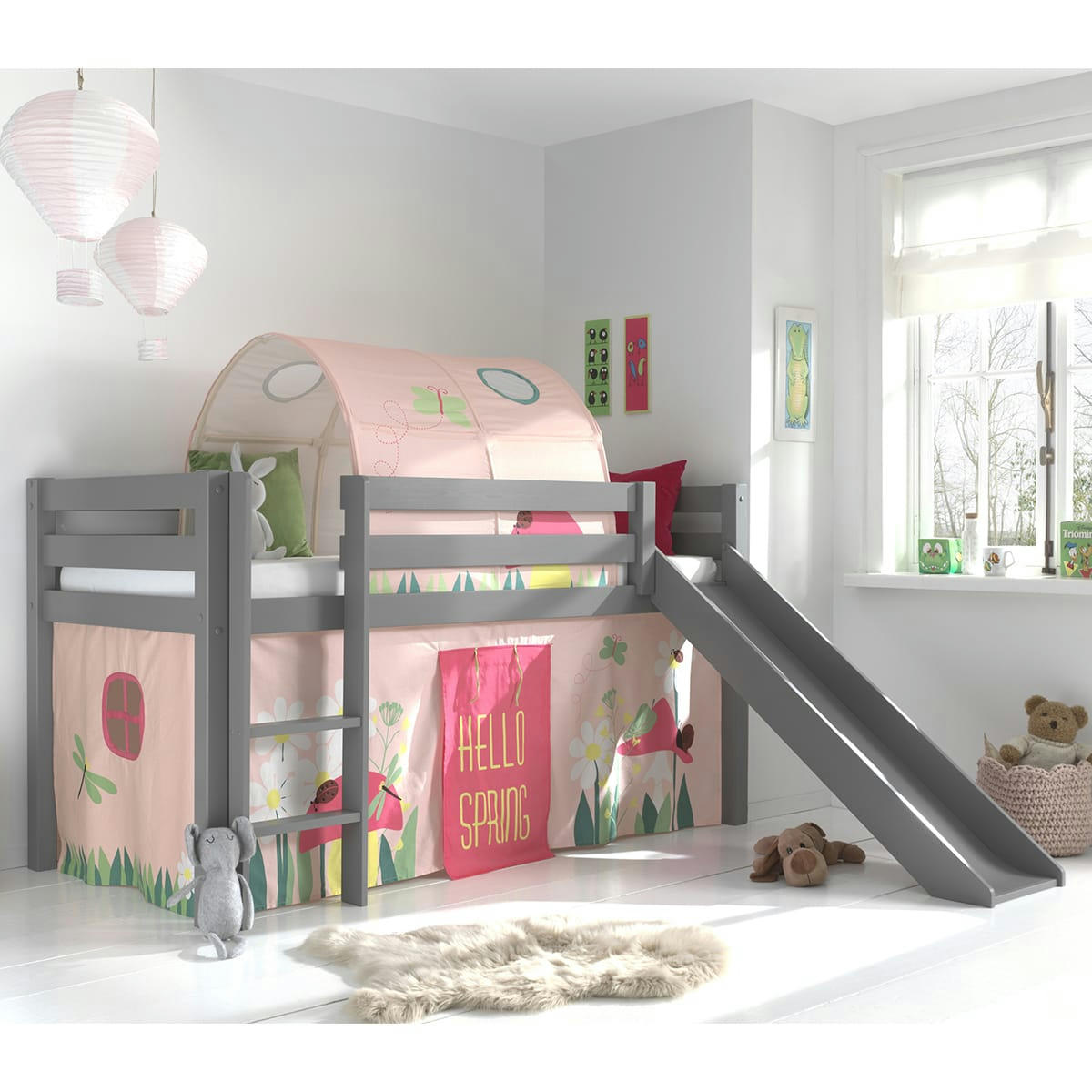 PINO - Lit mi-hauteur 90x200 toboggan sommier inclus housse spring gris