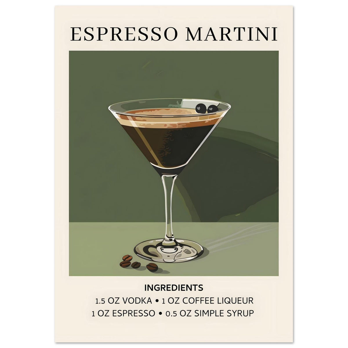 Artfulprints Poster Espresso Martini cocktail - Ingrediënten  - A4 21x29.7 cm - Donkergroen