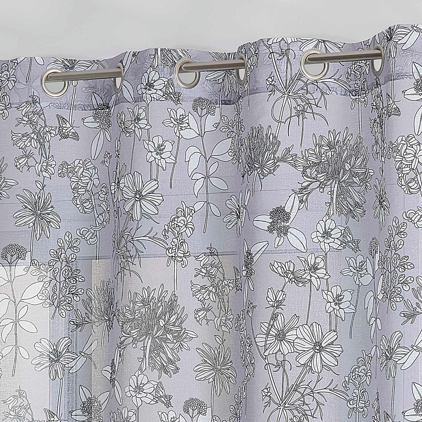 - Voilage en étamine fleurie polyester gris perle 140x240 cm