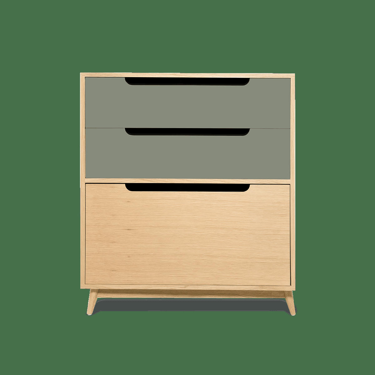 MOKA - Commode peu profonde, 3 tiroirs, couleur chene et kaki - 96*86*40