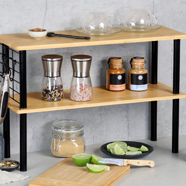 Dwupoziomowa półka kuchenna bambus metal loft z 3 haczykami 55x20x38 cm
